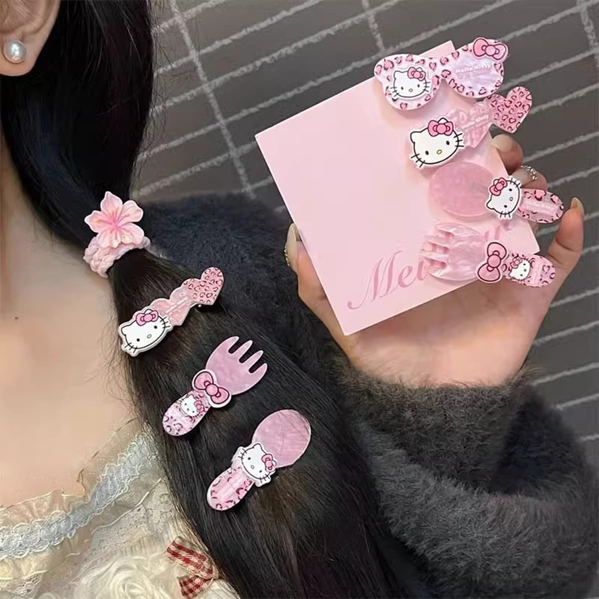 Милый розовый леопардовый принт KT Cat заколка для волос Сладкая девушка ложка вилка