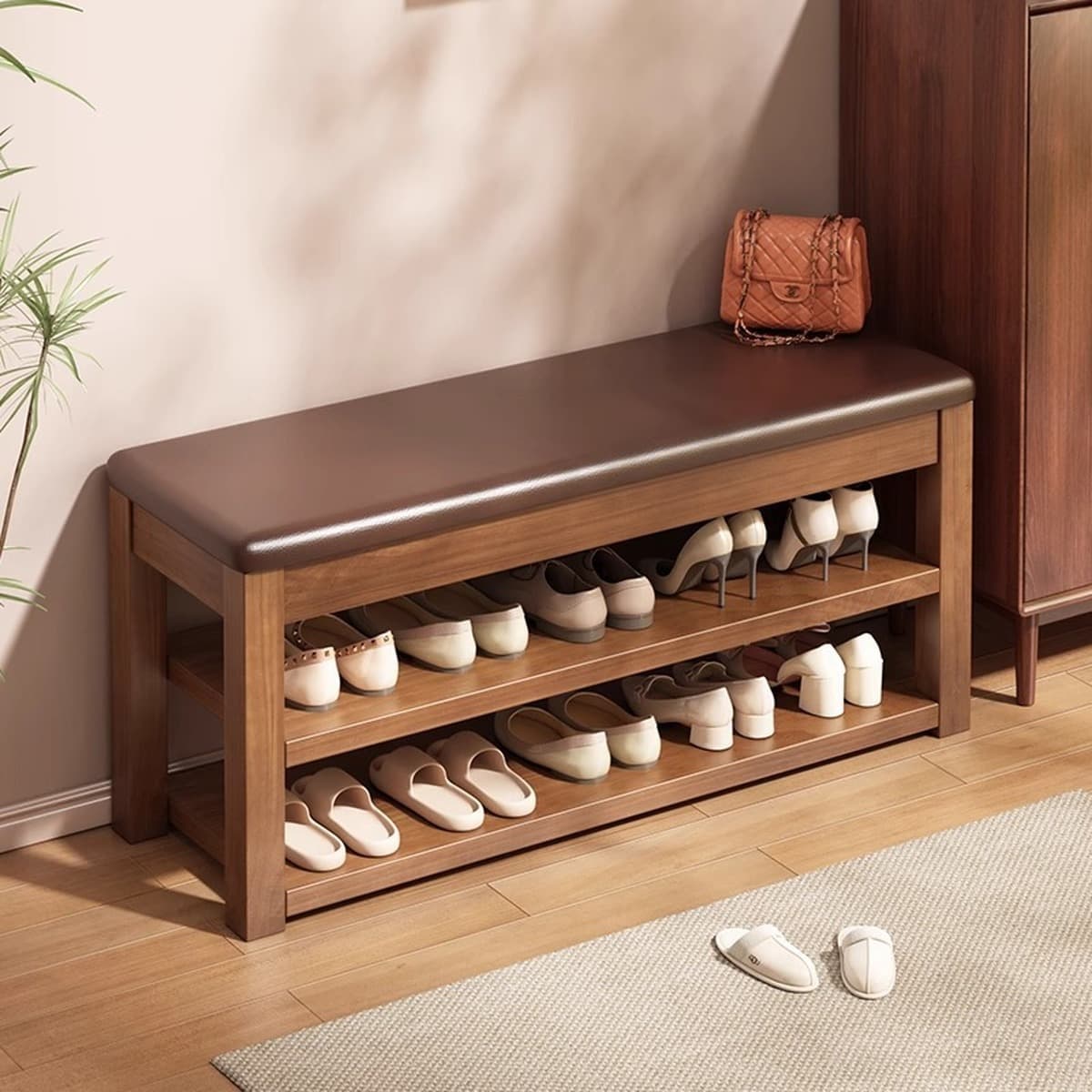 Скамейка для переобувания из цельного дерева для прихожей, длинная скамейка для домашнего использования, полка для обуви в...