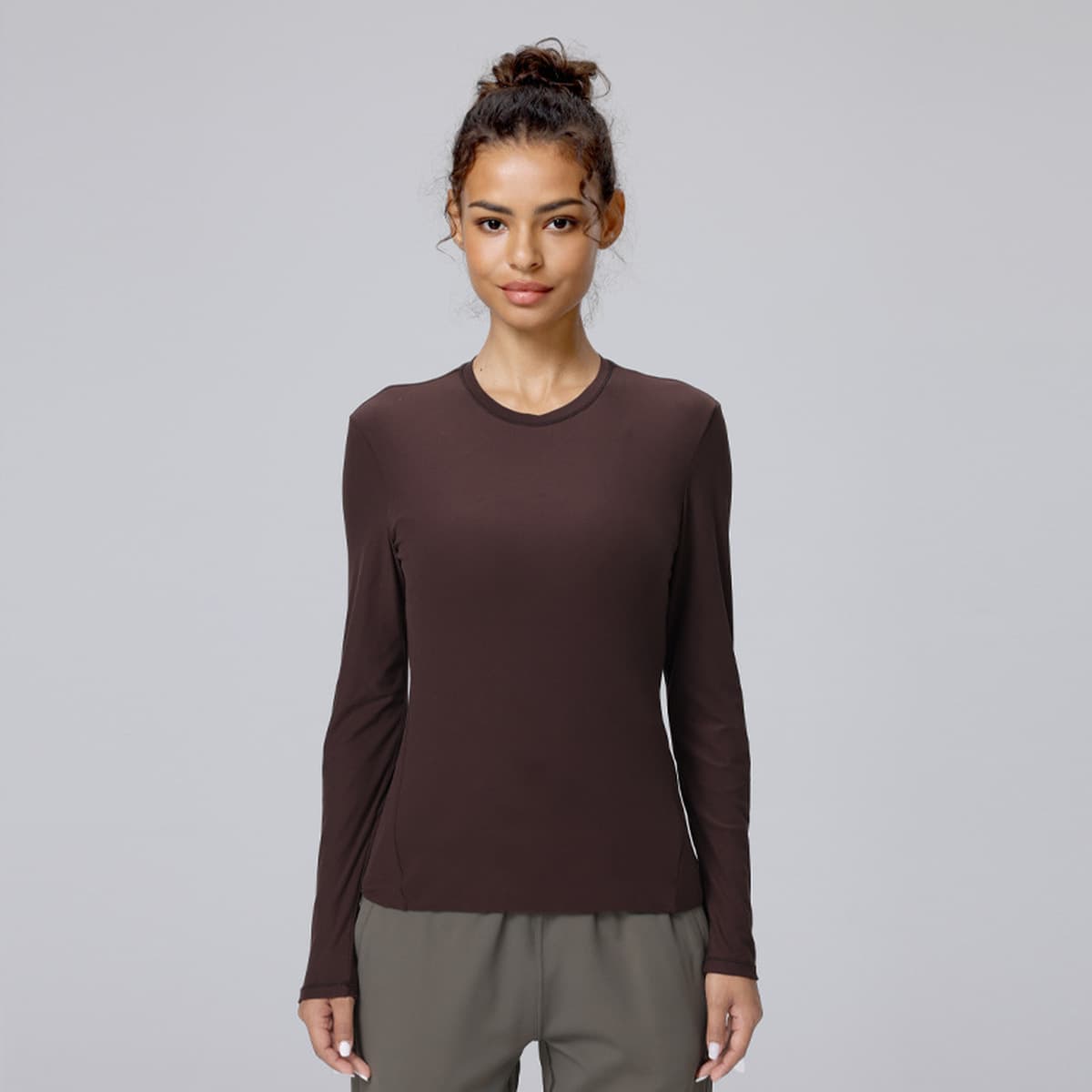 Топ с круглым вырезом, облегающий крой, эластичный, для похудения, спортивные длинные рукава, ощущение телесного цвета,...